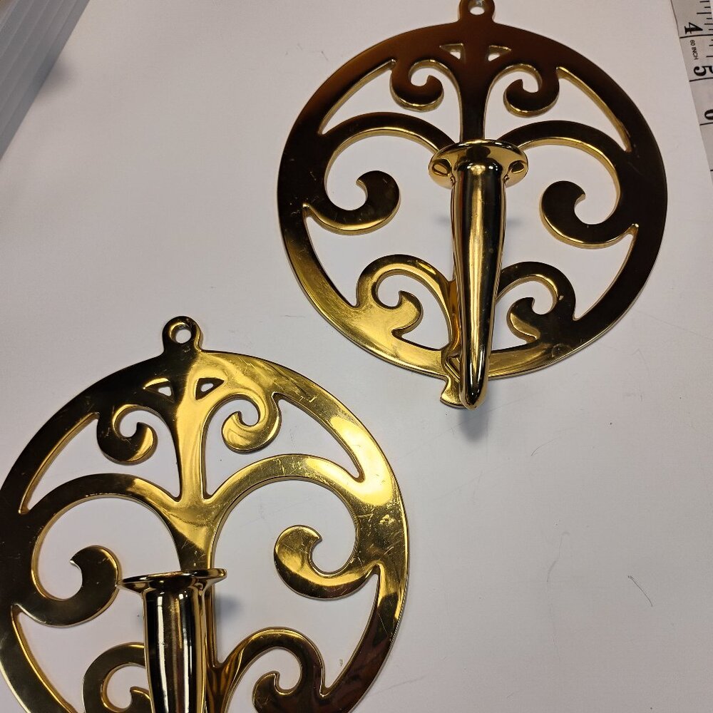 Vintage Solid Brass Wall Candle Sconces Pair | Hollywood Regency Scroll Design